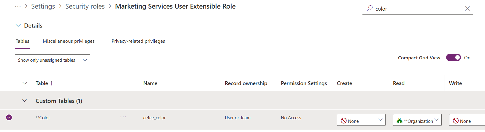 Add read rights to the Marketing Services User Extensible Role