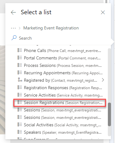 Select the session registration entity from the event registration entity