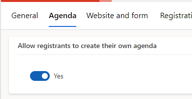 Set the toggle Allow registrants to create their own agenda to yes