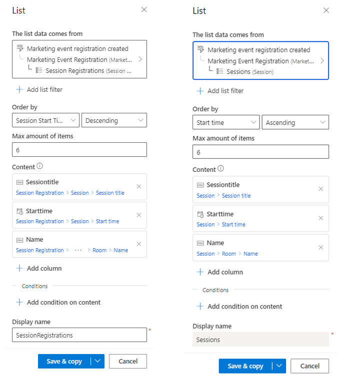 Set up the list personalization based on session registrations or sessions