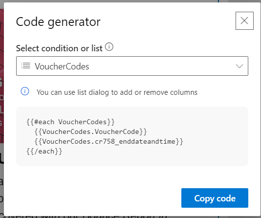 Copy the code from the Code generator