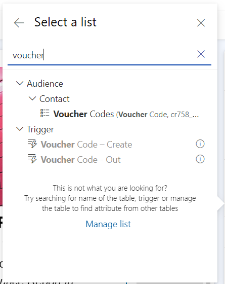 Select the voucher code entity from the contact